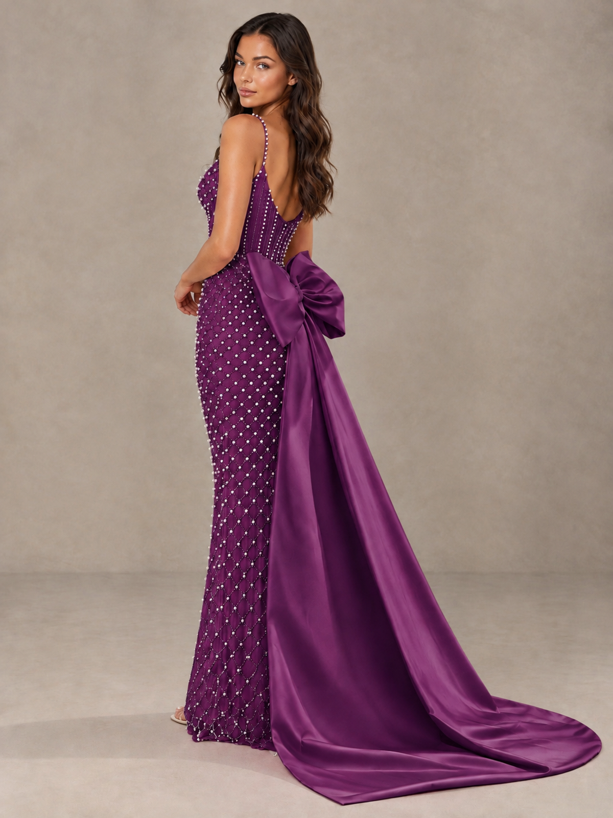 BOLODOO Plum Beaded Corset Prom Dress with Bow Train - Plum - Plum_2