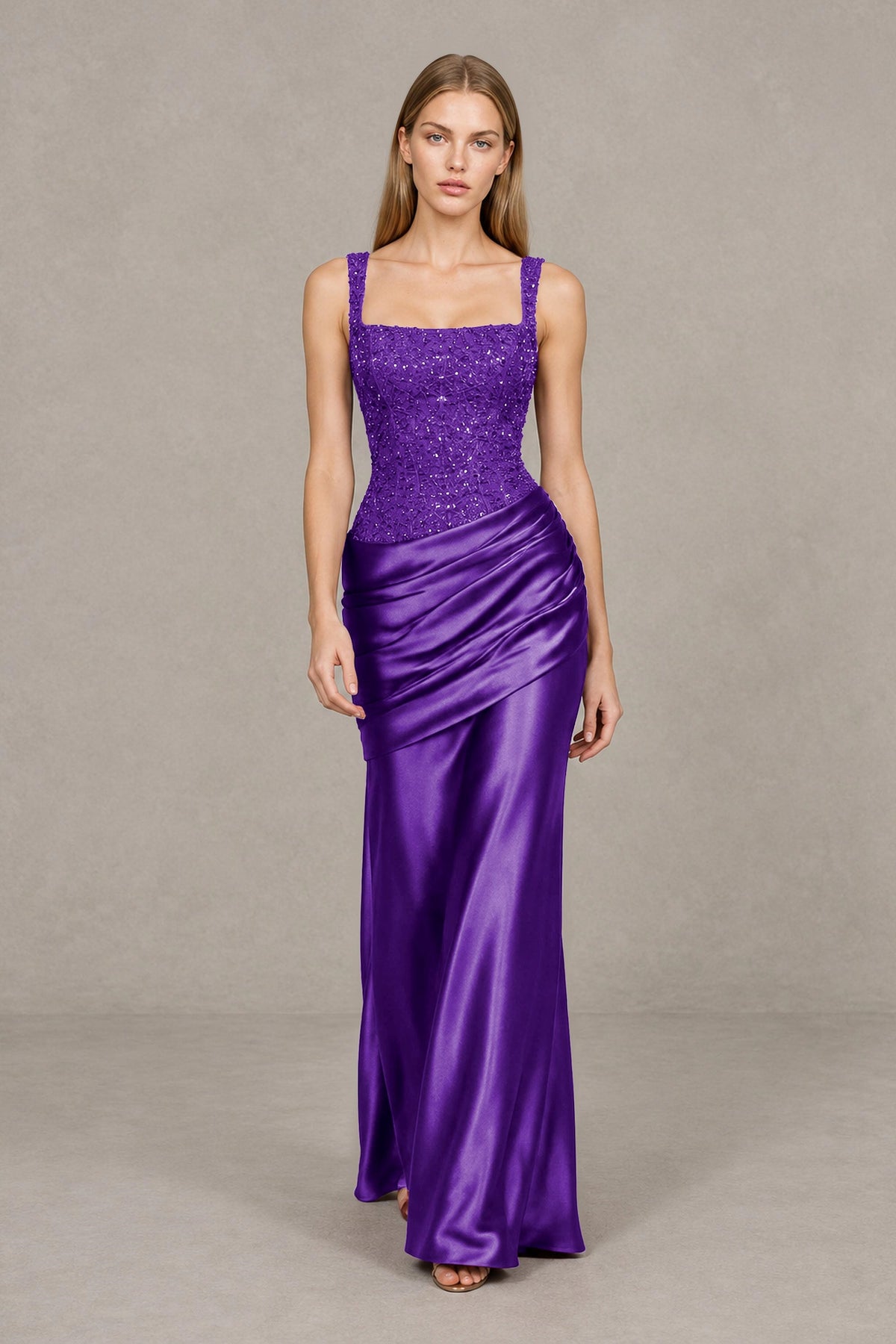 BOLODOO Plum Square Neck Embellished Satin Evening Gown - Plum