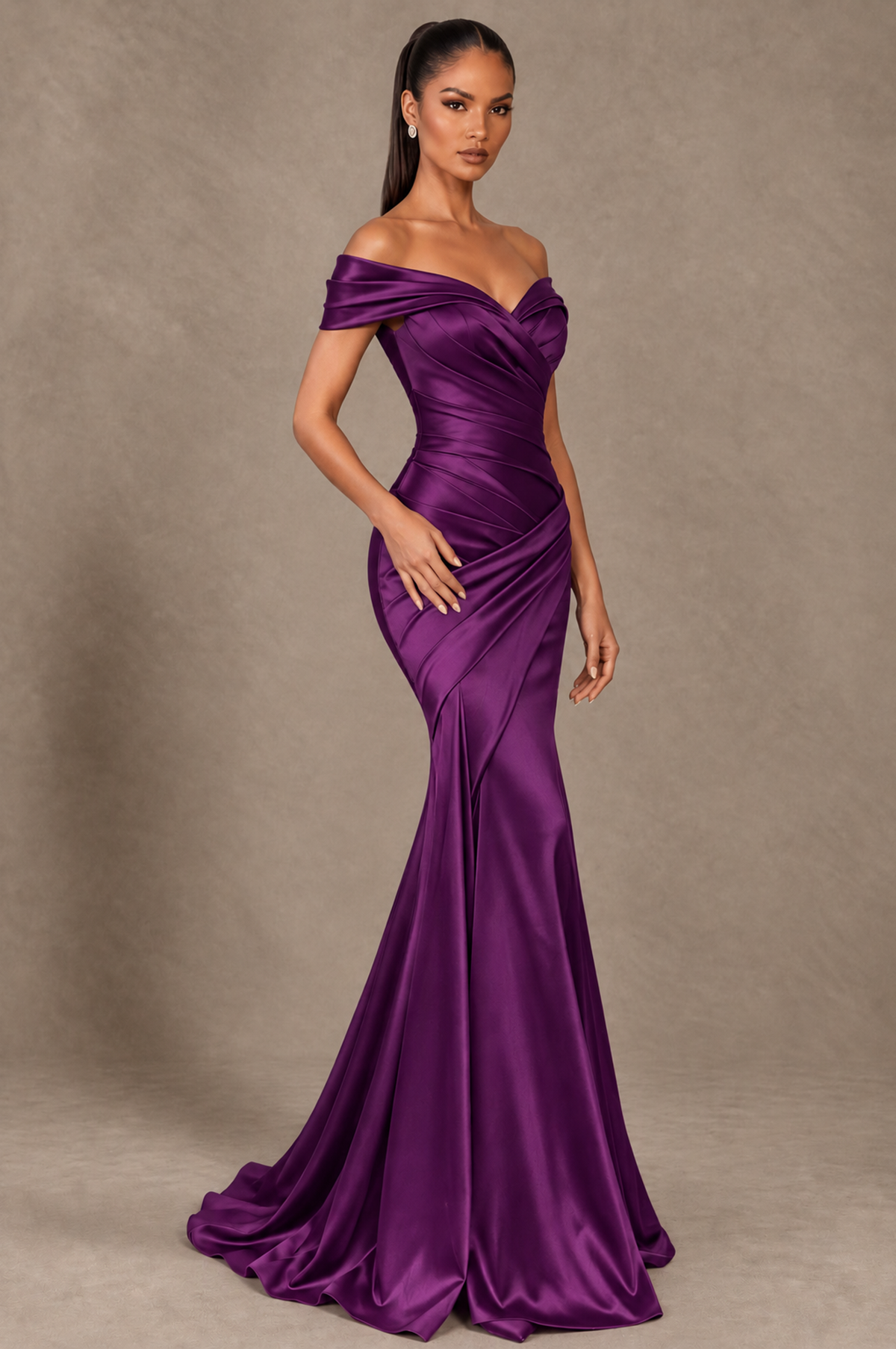 BOLODOO Plum Off-the-Shoulder Ruched Satin Mermaid Evening Dress - Plum - Plum_2