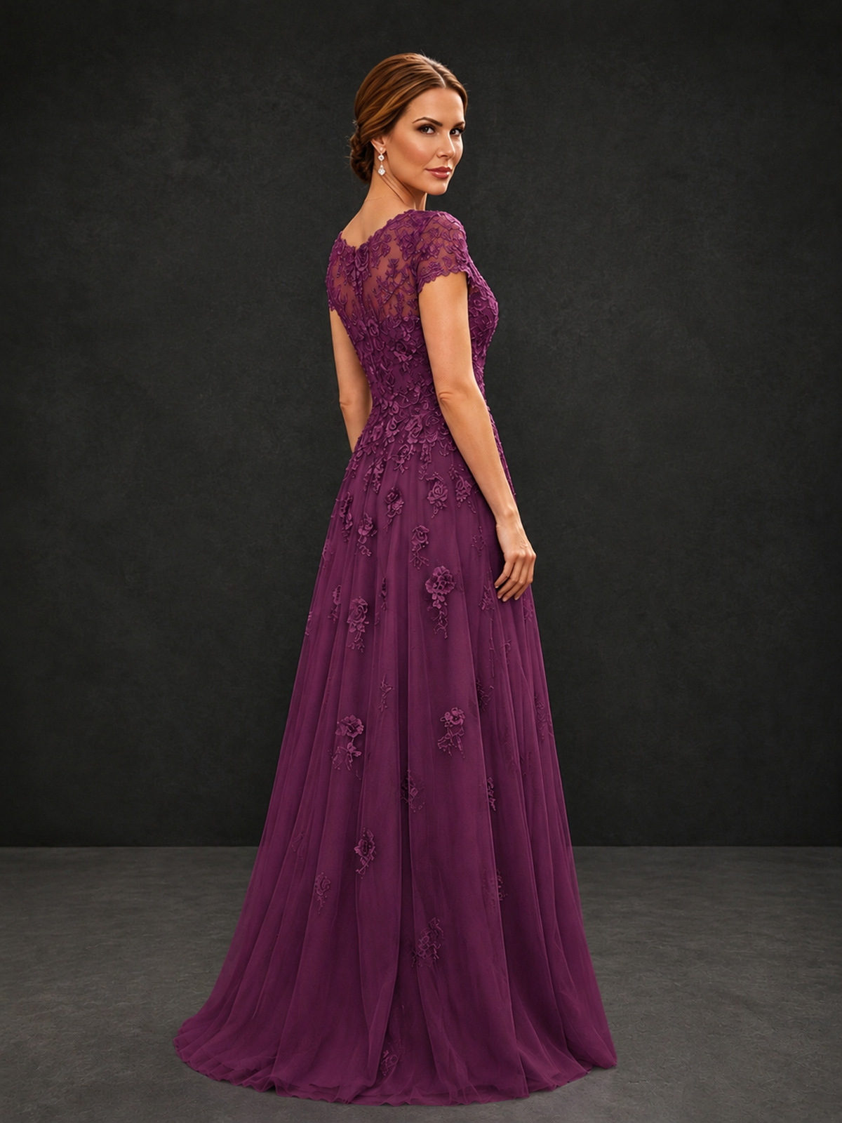 BOLODOO Plum Cap Sleeve Lace Appliqué A-Line Formal Gown | Mother of the Bride Dress - Plum - Plum_2