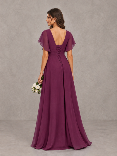 BOLODOO Plum Flutter Sleeve V-Neck Bridesmaid Dress with Ruffle Slit - Plum - Plum_2