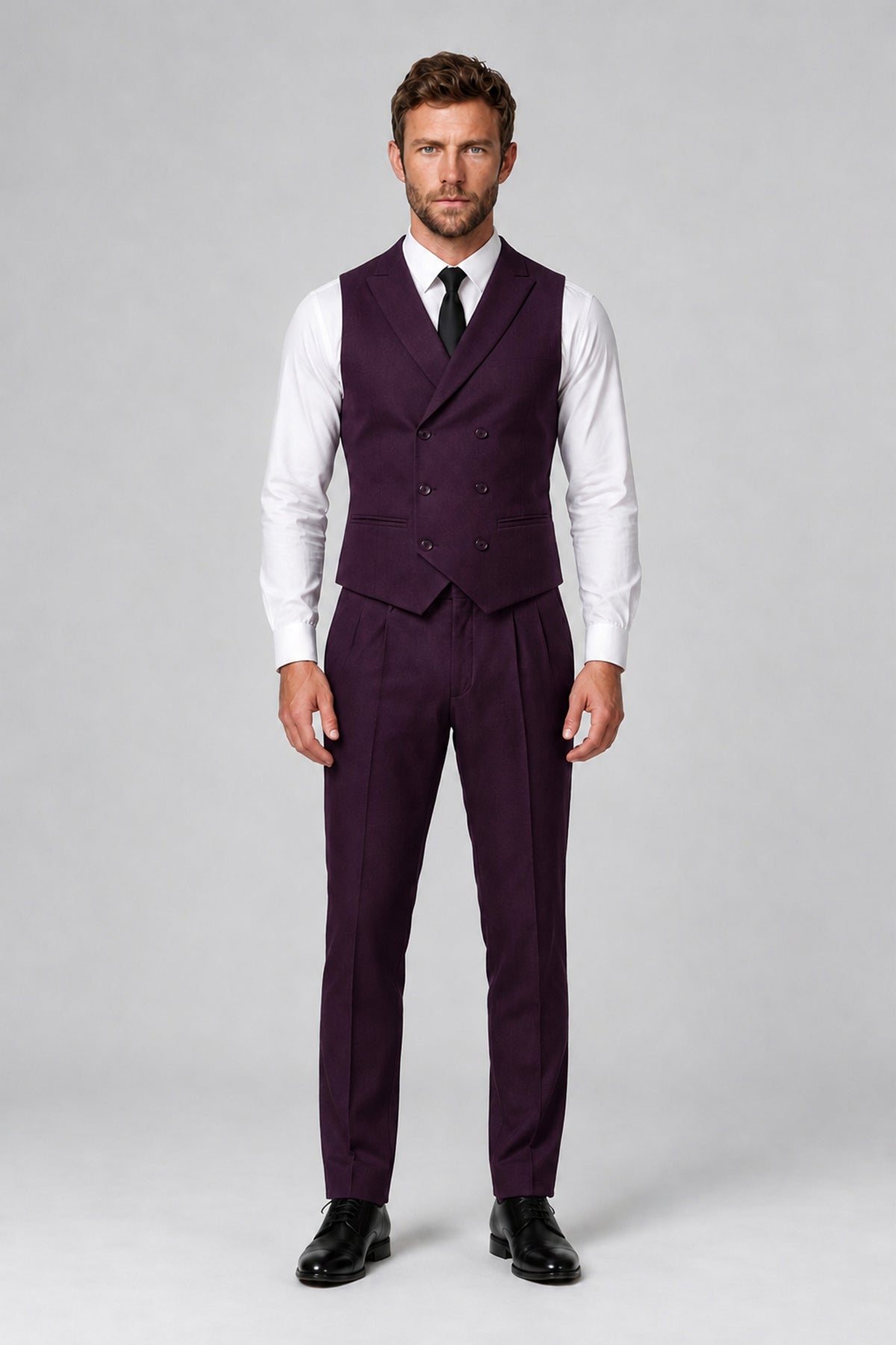 Bolodoo Men's Plum Double-Breasted Vest and Pants 2-Piece Suit - Plum - Plum_2