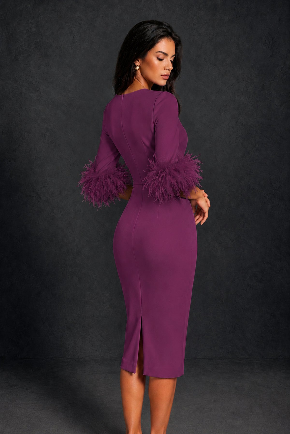 BOLODOO Plum Ostrich Feather Cuff 3/4 Sleeve Round Neck Bodycon Midi Dress with Back Slit - Plum