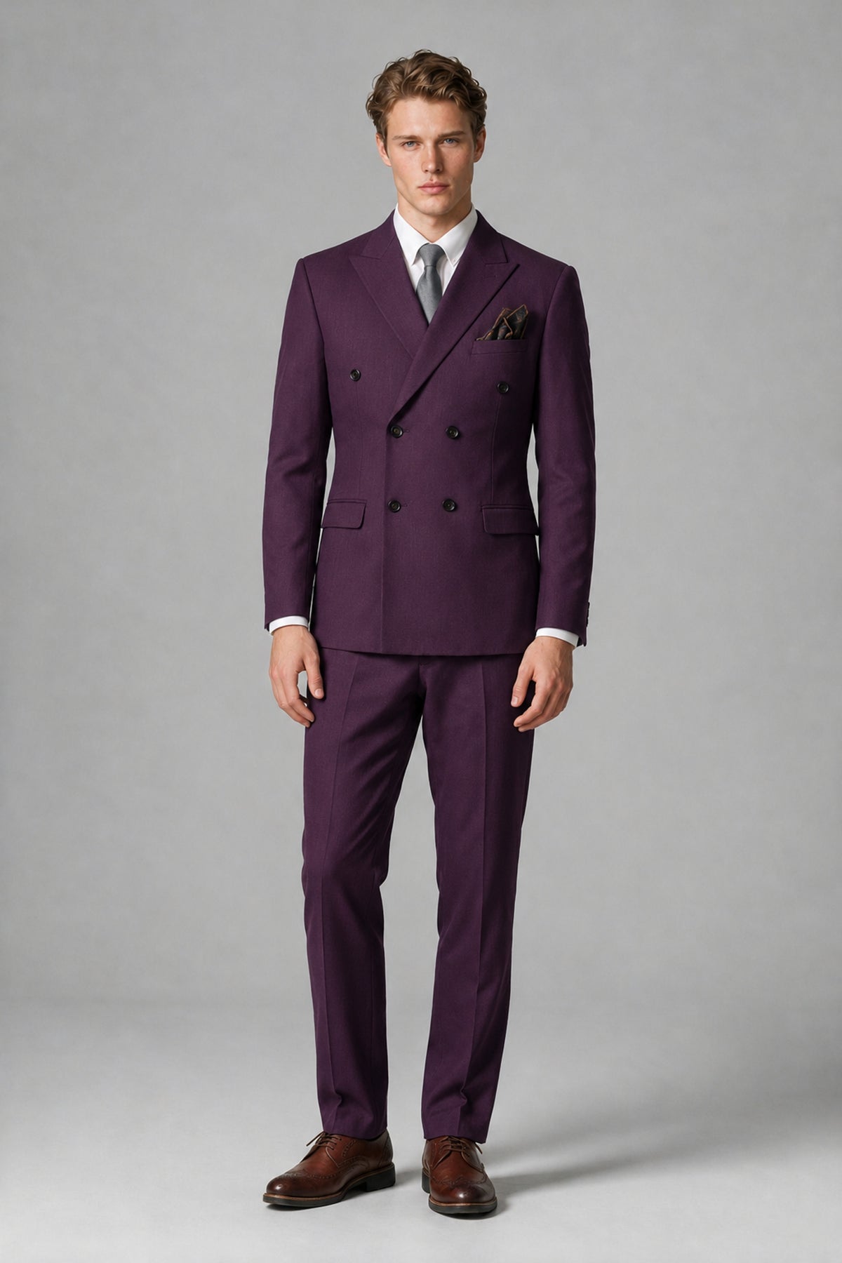 Bolodoo Men's Plum Double-Breasted Two-Piece Suit with Peak Lapels - Plum - Plum_2