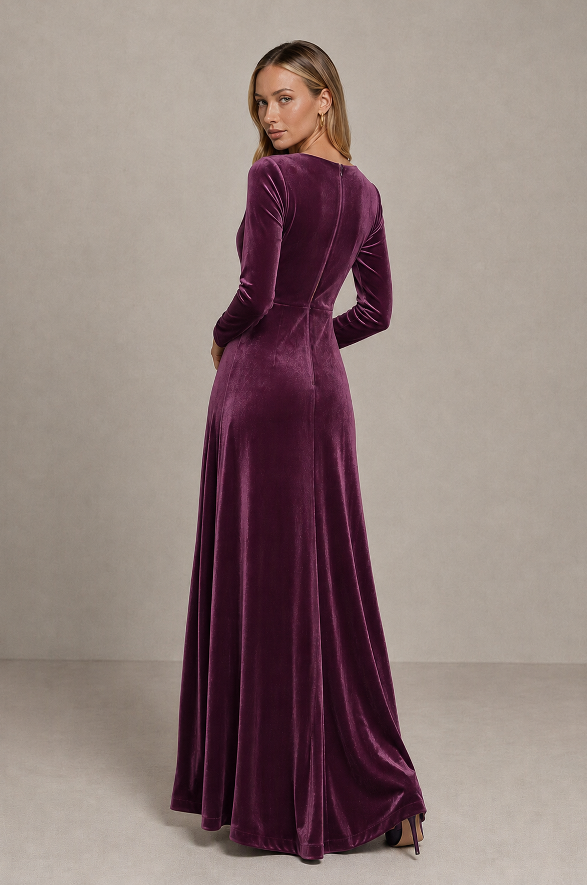 BOLODOO Plum Velvet Long Sleeve V-Neck Ruched Evening Dress - Plum - Plum_2