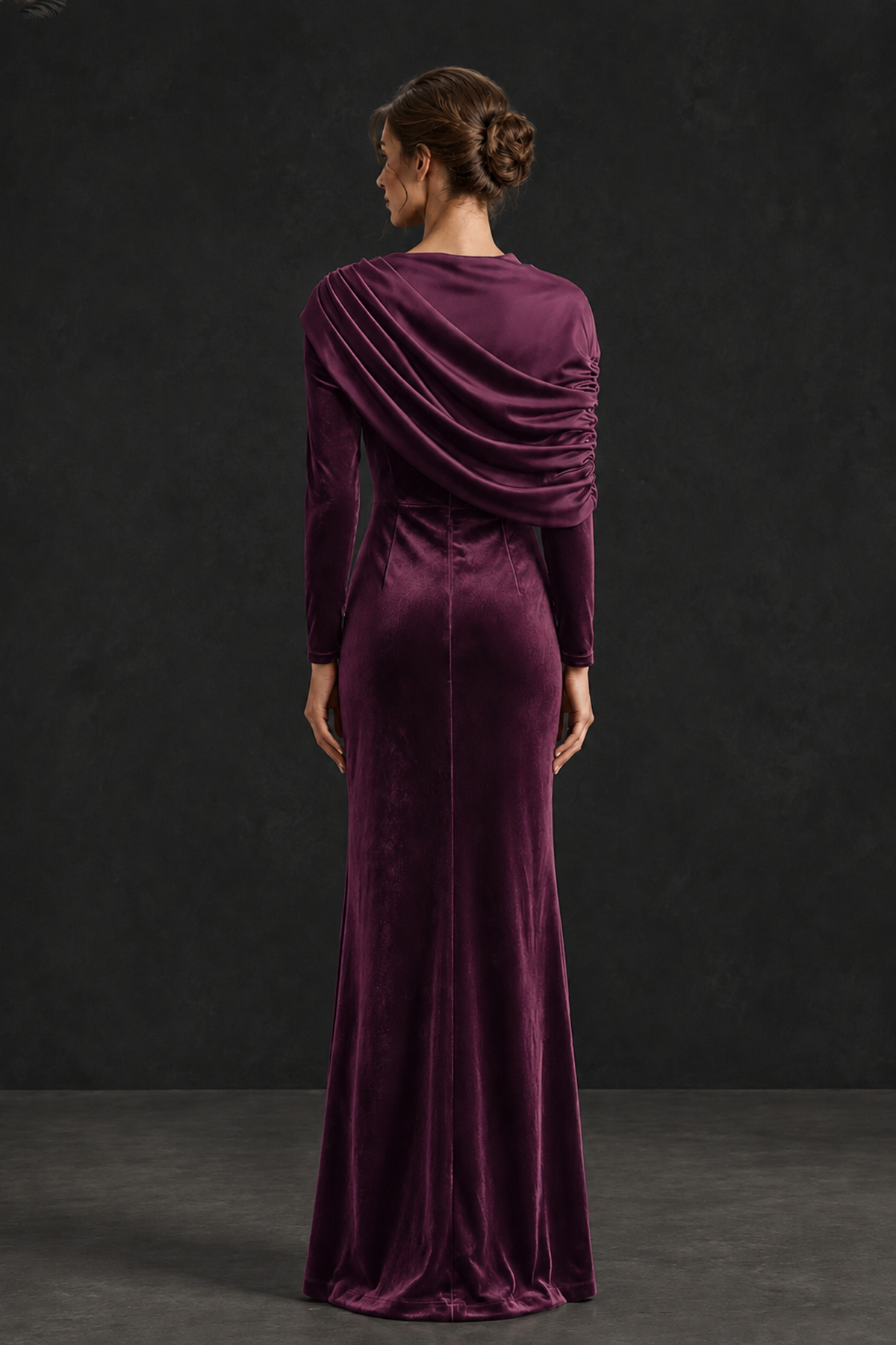 BOLODOO Plum Velvet Long Sleeve Draped Mother of the Bride Dress - Plum - Plum_2