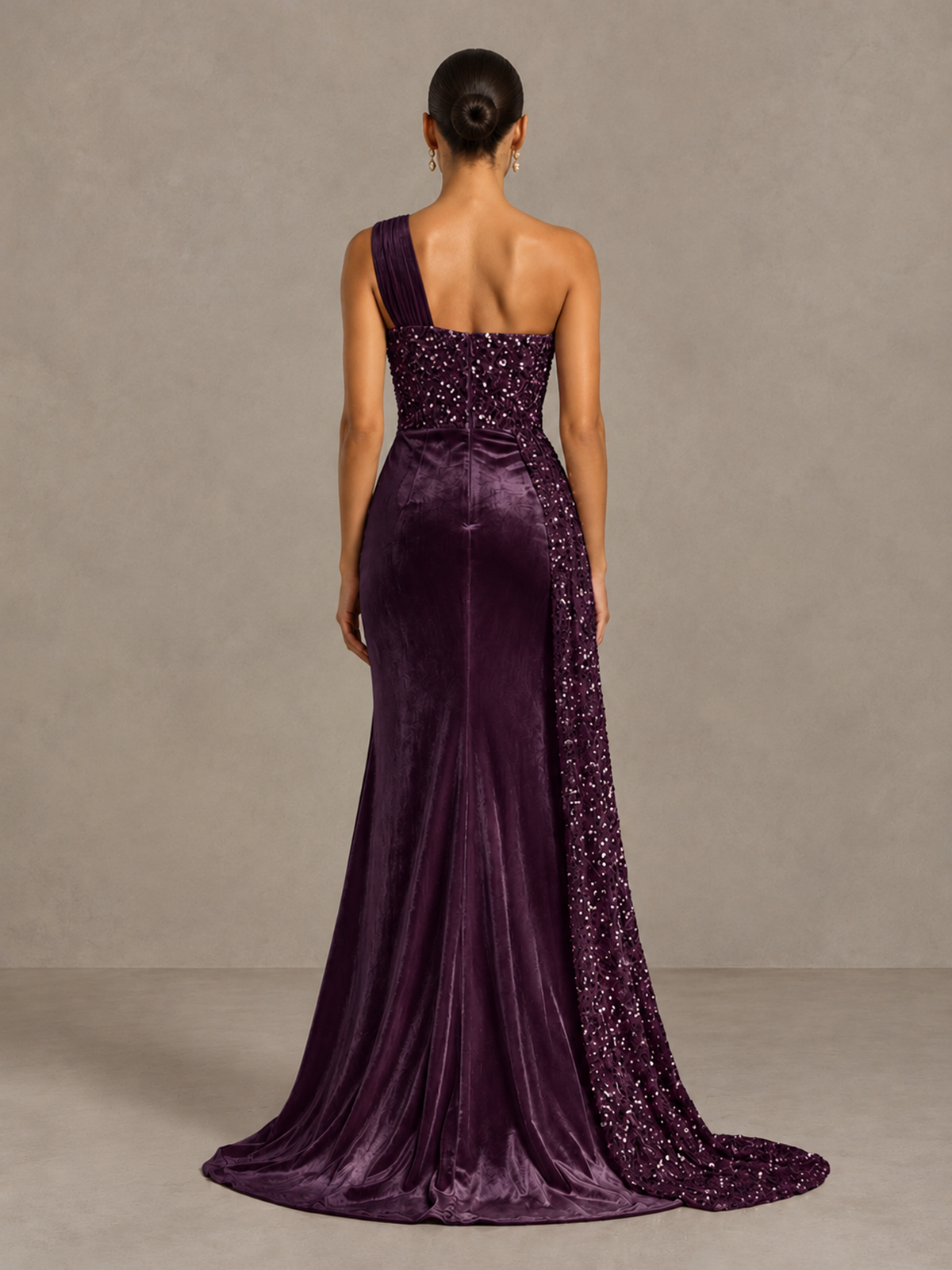 BOLODOO Plum One-Shoulder Satin Sequin Gown with High Slit - Plum - Plum_2