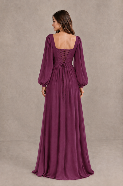 BOLODOO Plum Long Sleeve V-Neck A-Line Bridesmaid Dress - Plum - Plum_2