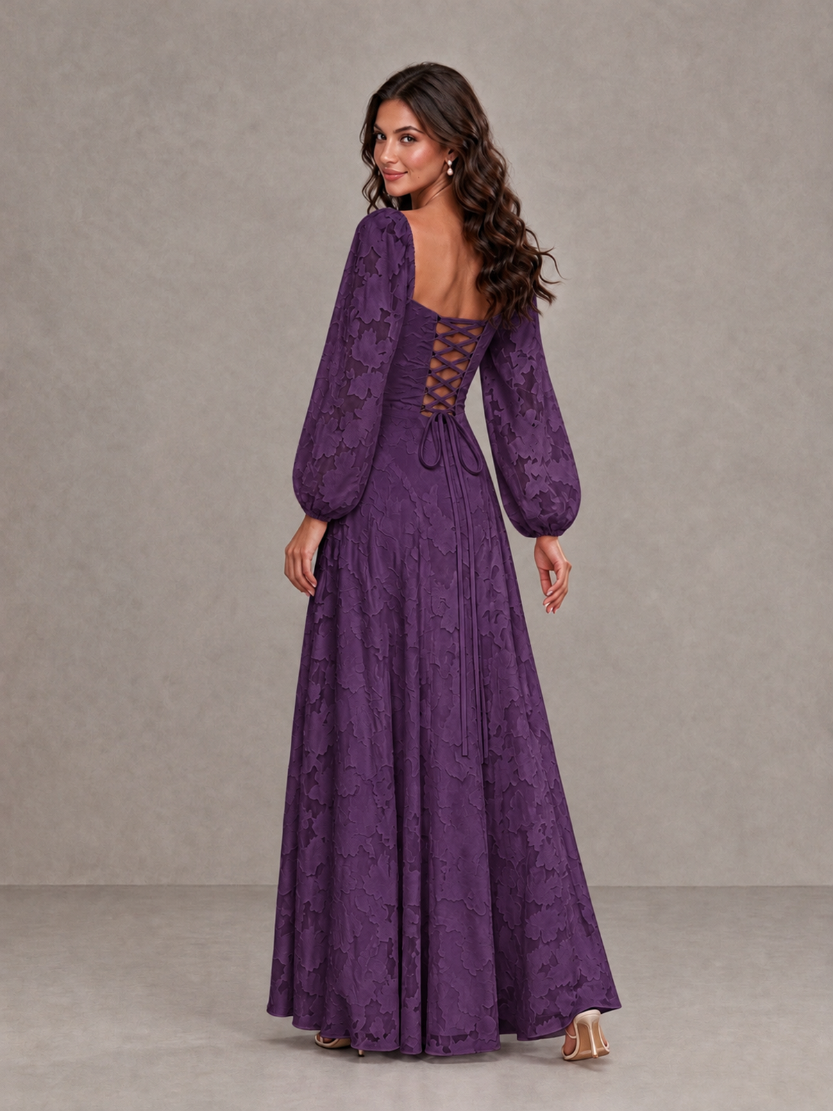 BOLODOO Plum Floral Long Sleeve A-Line Bridesmaid Dress - Plum - Plum_2