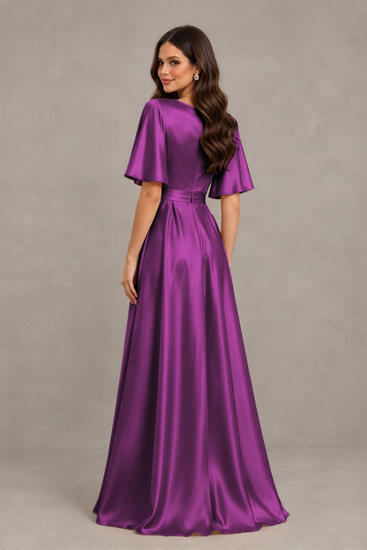 BOLODOO Plum Satin V-Neck Flutter Sleeve Bridesmaid Dress with Slit - Plum - Plum(2)