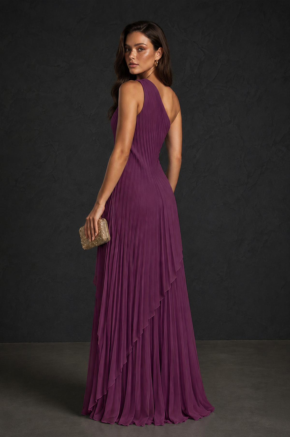 BOLODOO Plum One-Shoulder Sunburst Pleated Asymmetric Layered Overlay Accordion Pleated Chiffon Maxi Dress - Plum