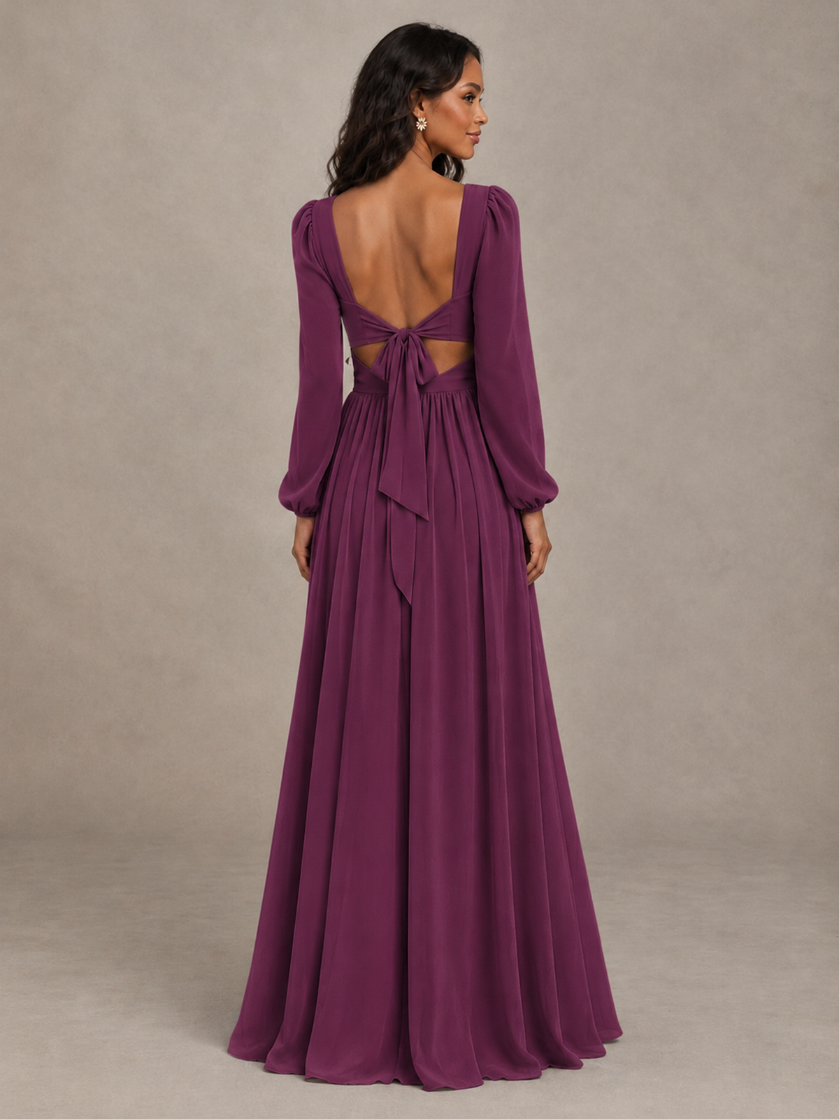 BOLODOO Plum V-Neck Long Sleeve Bridesmaid Dress with Tie Back and Slit - Plum - Plum_2