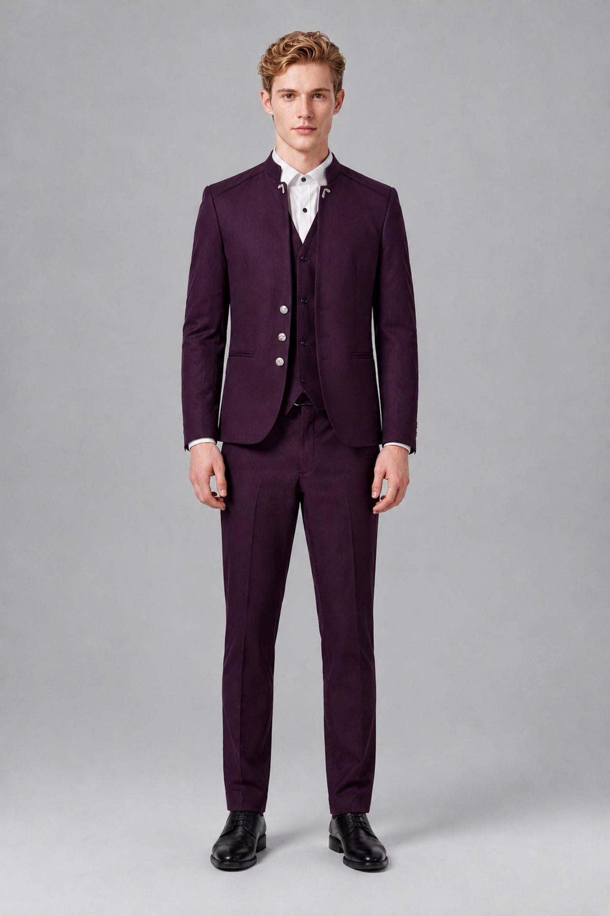 Bolodoo Men's Plum Mandarin Collar 3-Piece Suit – Jacket, Vest & Trousers - Plum - Plum_2