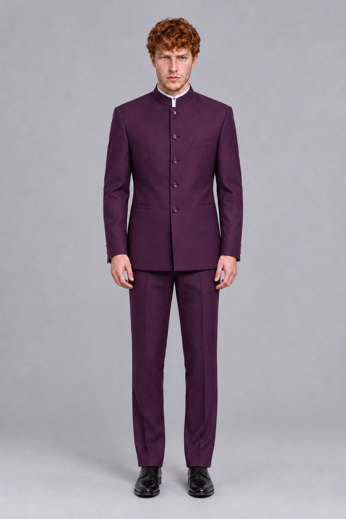 BOLODOO Men's Plum Mandarin Collar Two-Piece Suit - Plum - Plum_2