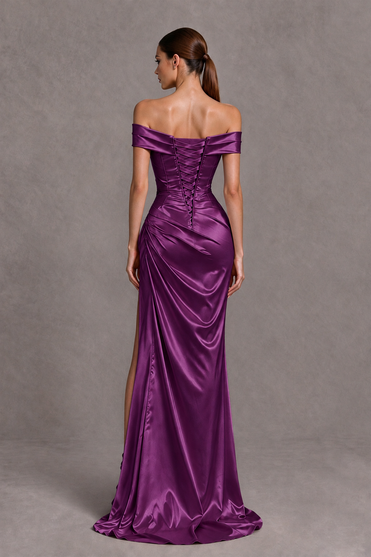 BOLODOO Plum Off-the-Shoulder Ruched Satin Prom & Evening Dress with High Slit - Plum - Plum_2