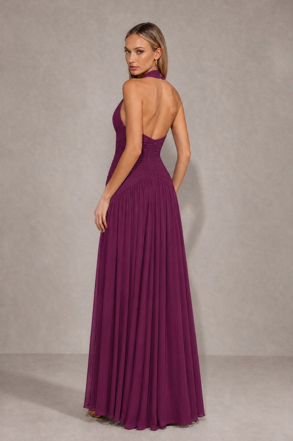 BOLODOO Plum Chiffon Halter Deep V-Neck Ruched A-Line Backless Maxi Dress with Train-BD0167 - Plum - Plum_2
