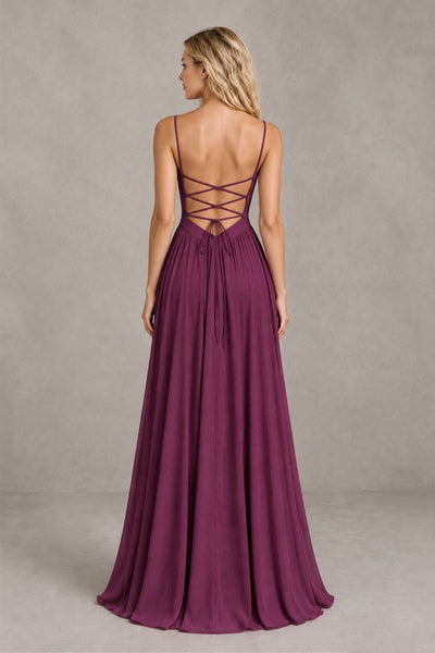 BOLODOO Plum Spaghetti Strap A-Line Bridesmaid Dress with Slit - Plum - Plum_2