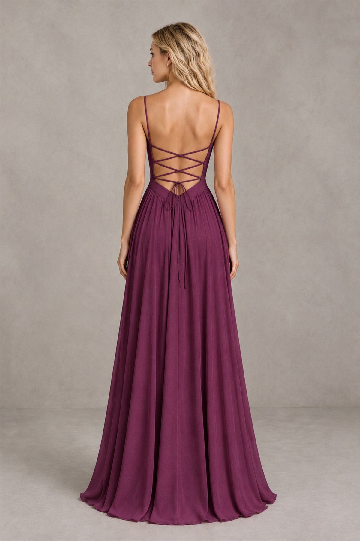 BOLODOO Plum Spaghetti Strap A-Line Bridesmaid Dress with Slit - Plum - Plum_2