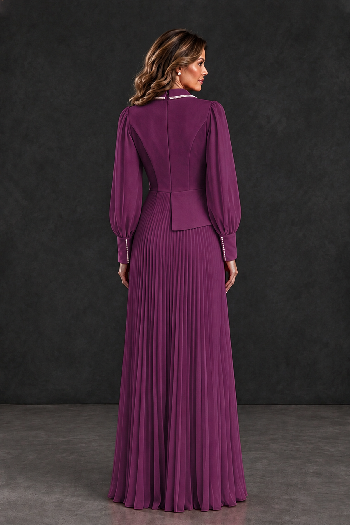 BOLODOO Plum Long Sleeve Pleated Mother of the Bride Dress - Plum - Plum_2