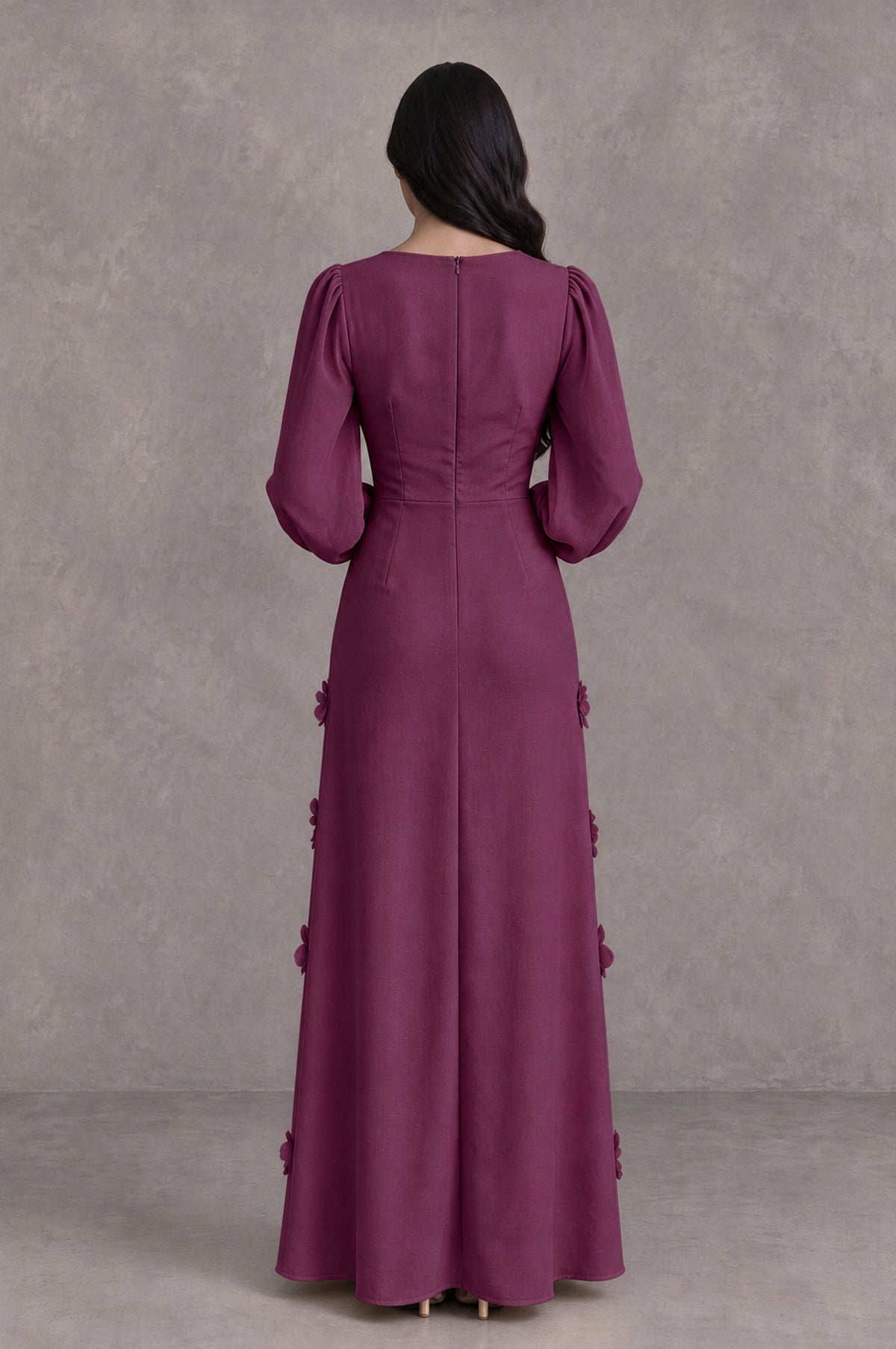 BOLODOO Plum Long Sleeve Floral Applique A-Line Evening Dress - Plum - Plum_2