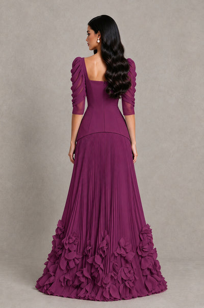 BOLODOO Plum Square Neck Pleated Floral Applique Evening Dress - Plum - Plum_2