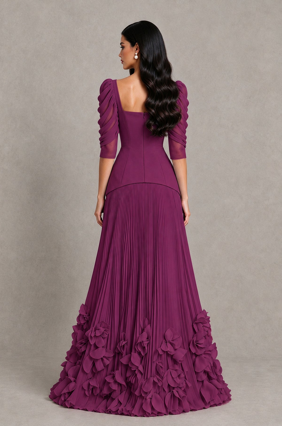 BOLODOO Plum Square Neck Pleated Floral Applique Evening Dress - Plum - Plum_2