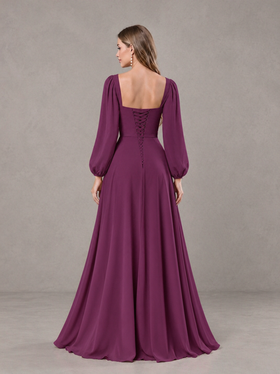 BOLODOO Plum Square Neck Long Sleeve Bridesmaid Dress with Ruffle Slit - Plum - Plum_2
