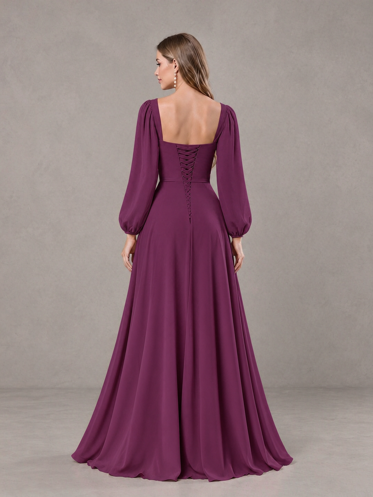 BOLODOO Plum Square Neck Long Sleeve Bridesmaid Dress with Ruffle Slit - Plum - Plum_2