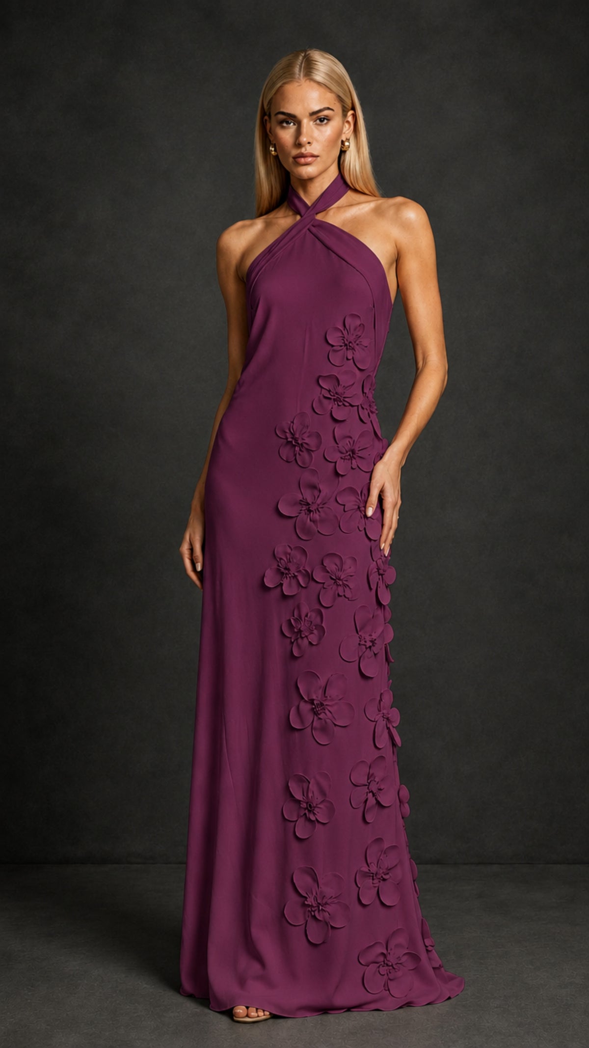 BOLODOO Plum Cross Halter Neck 3D Floral Appliqué Backless Mermaid Maxi Gown - Plum
