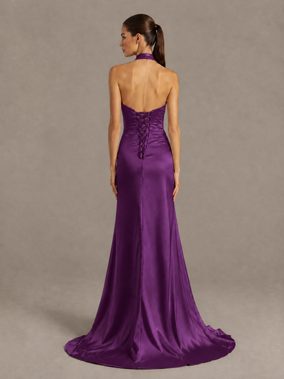 BOLODOO Plum Halter Satin Evening & Prom Dress with High Slit - Plum - Plum_2
