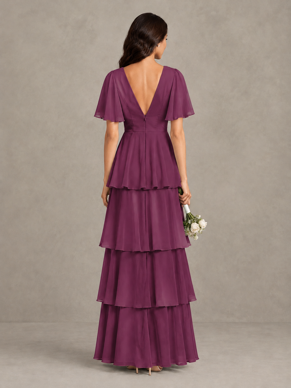 BOLODOO Plum Tiered Flutter Sleeve Bridesmaid Dress - Plum - Plum_2