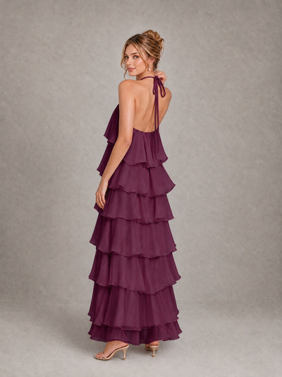 BOLODOO Plum Halter Tiered Ruffle Maxi Bridesmaid Dress - Plum - Plum_2