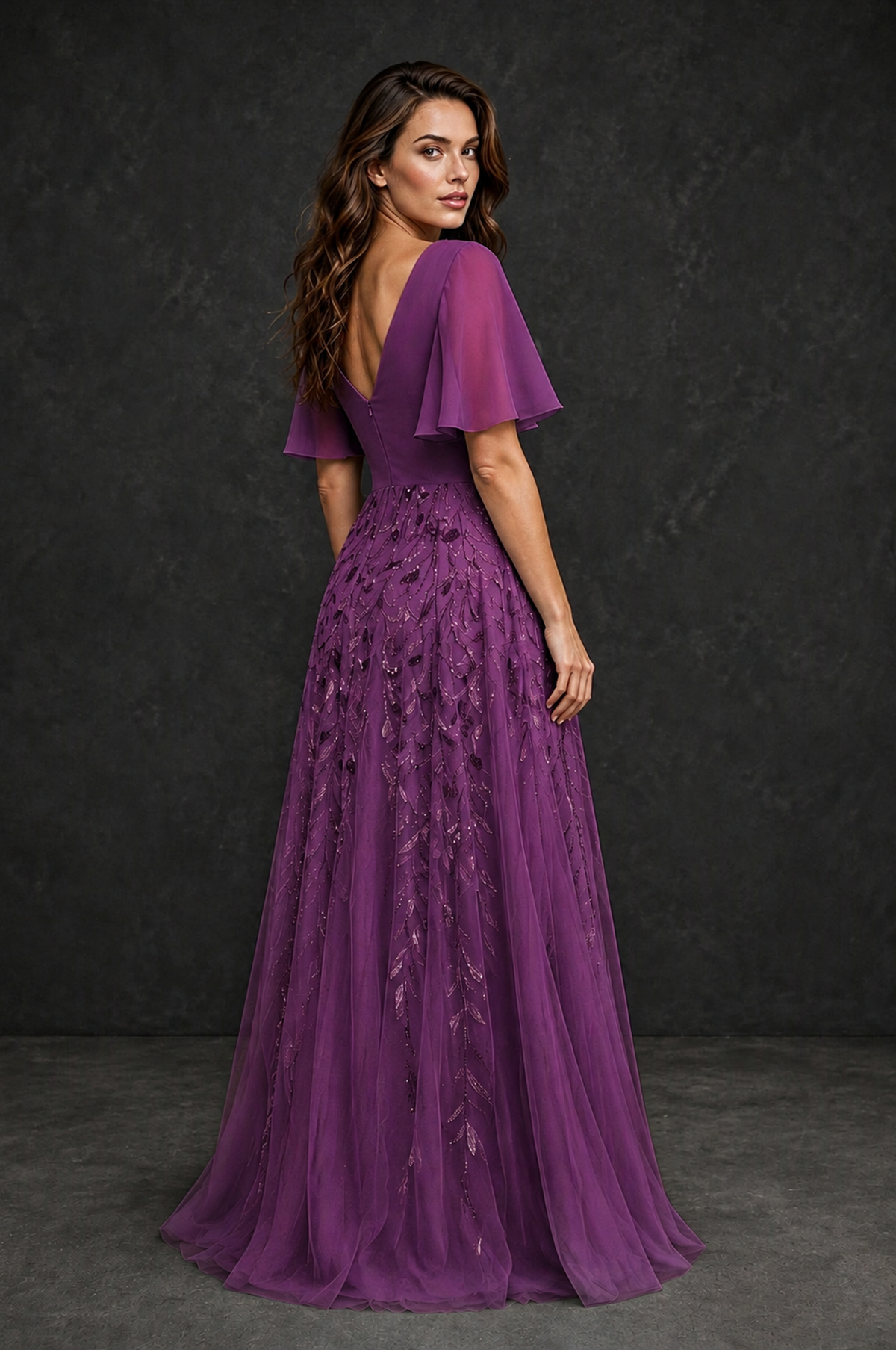 BOLODOO Plum V-Neck Flutter Sleeve Beaded Botanical Tulle A-Line Gown | Mother of the Bride Evening Dress - Plum - Plum_2