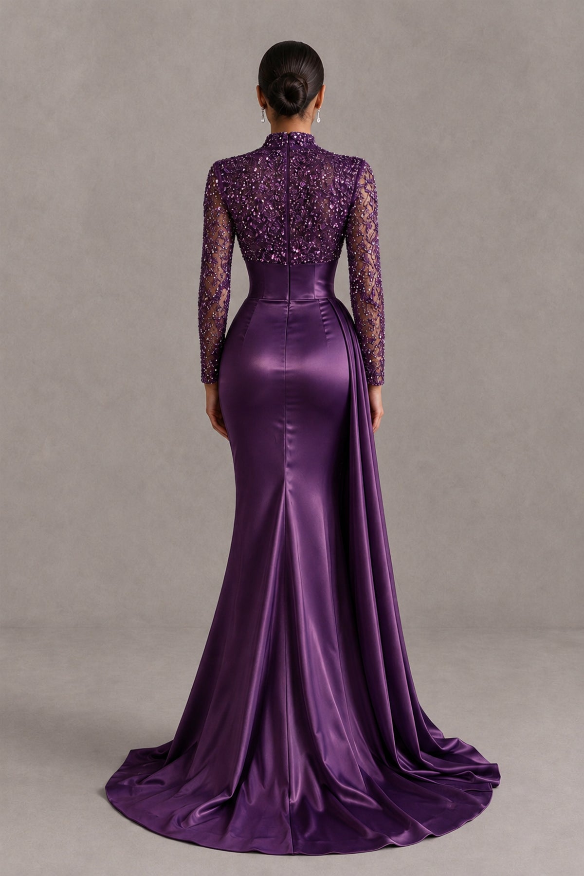 BOLODOO Plum Long Sleeve Embellished Satin Mermaid Evening Gown - Plum - Plum_2