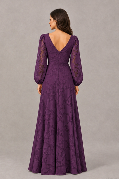 BOLODOO Plum Long Sleeve V-Neck A-Line Mother of the Bride Dress - Plum - Plum_2