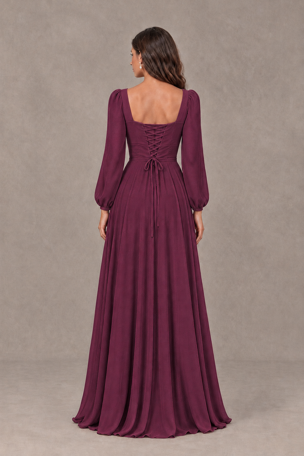BOLODOO Plum Square Neck Long Sleeve A-Line Bridesmaid Dress - Plum - Plum_2