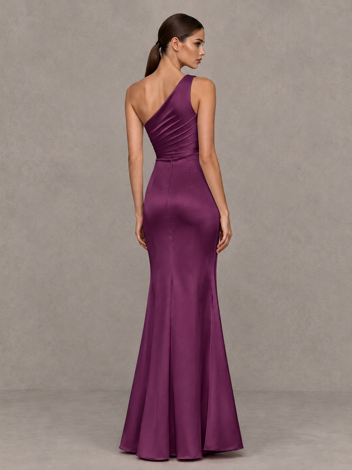 BOLODOO Plum One-Shoulder Ruched Satin-Look Evening Gown with High Slit - Plum - Plum_2