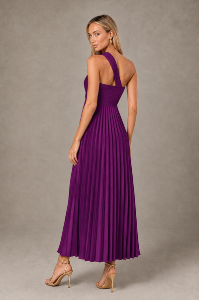 BOLODOO Plum One-Shoulder Twist Knot Pleated Satin Midi Dress with Cutout - Plum - Plum_2