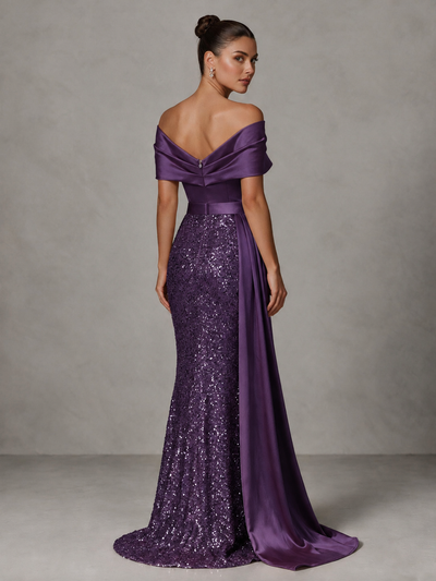 BOLODOO Plum Sequin Mermaid Evening Dress with Off-Shoulder Satin Drape and Sweep Train - Plum - Plum_2