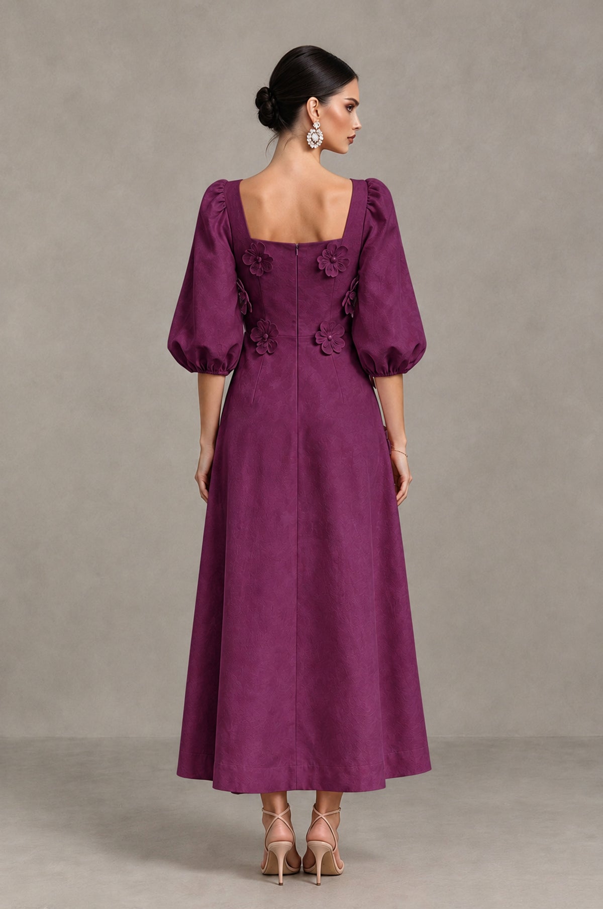 BOLODOO Plum 3D Floral Puff Sleeve Midi Cocktail Dress - Plum - Plum_2