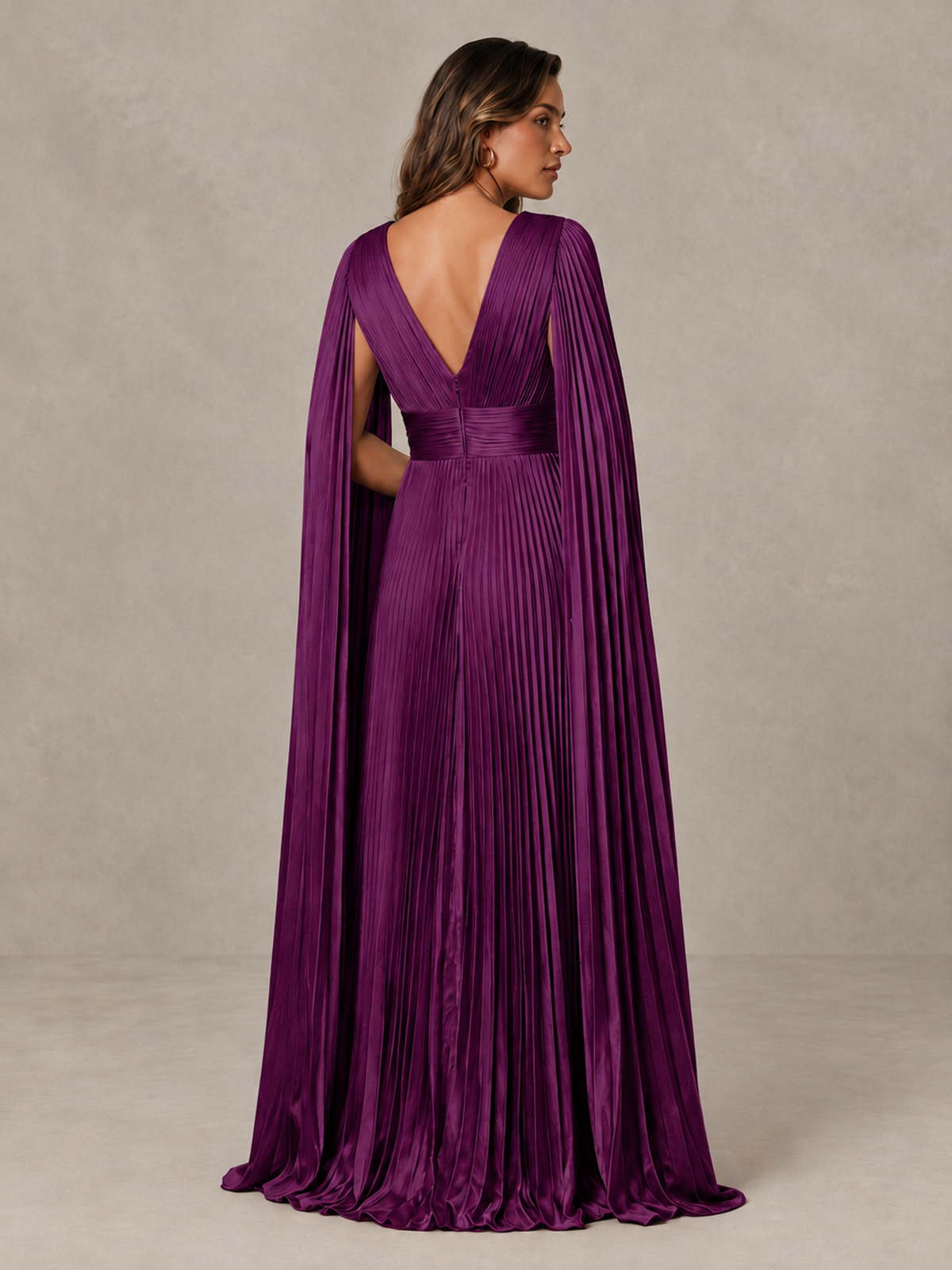 BOLODOO Plum Deep V-Neck Pleated Cape Sleeve Evening Gown - Plum - Plum_2
