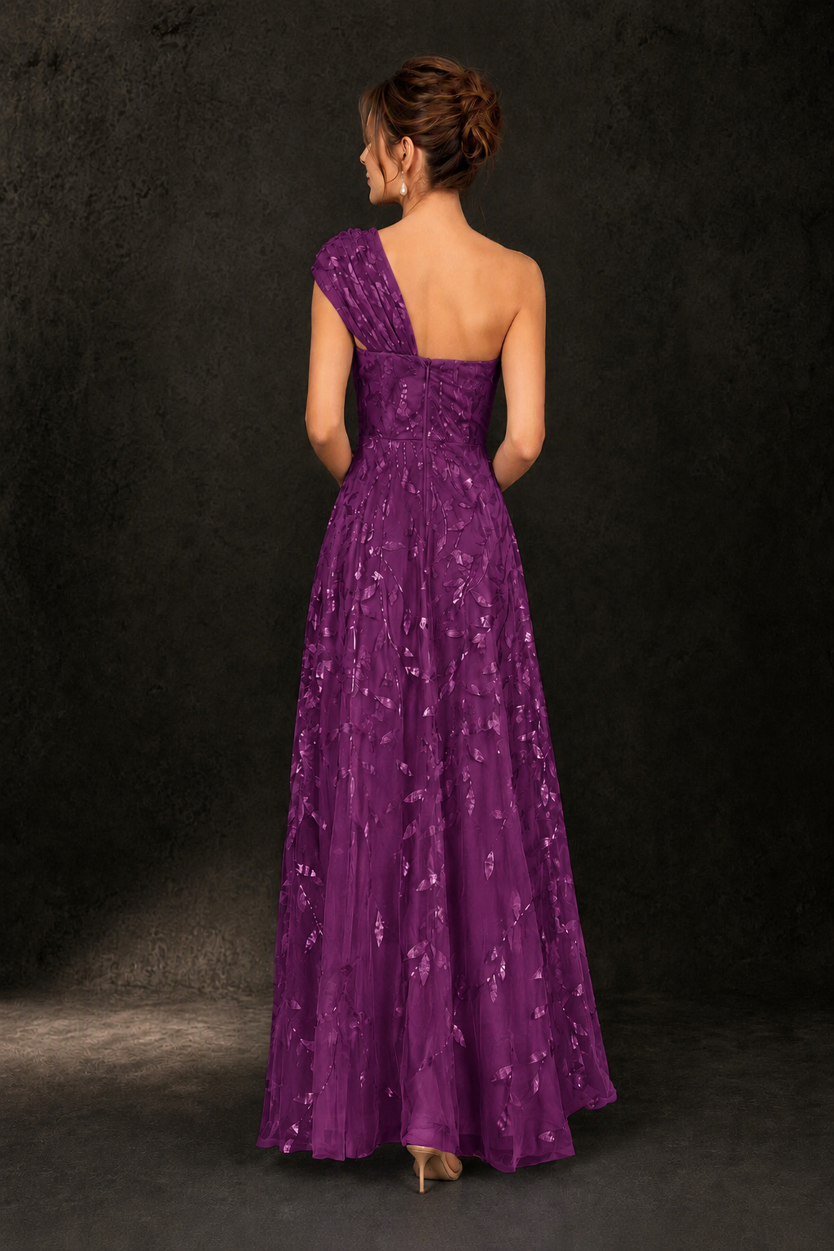 BOLODOO Plum Leaf Sequin One-Shoulder A-Line Maxi Gown – Mother of the Bride & Formal Evening Dress - Plum - Plum_2
