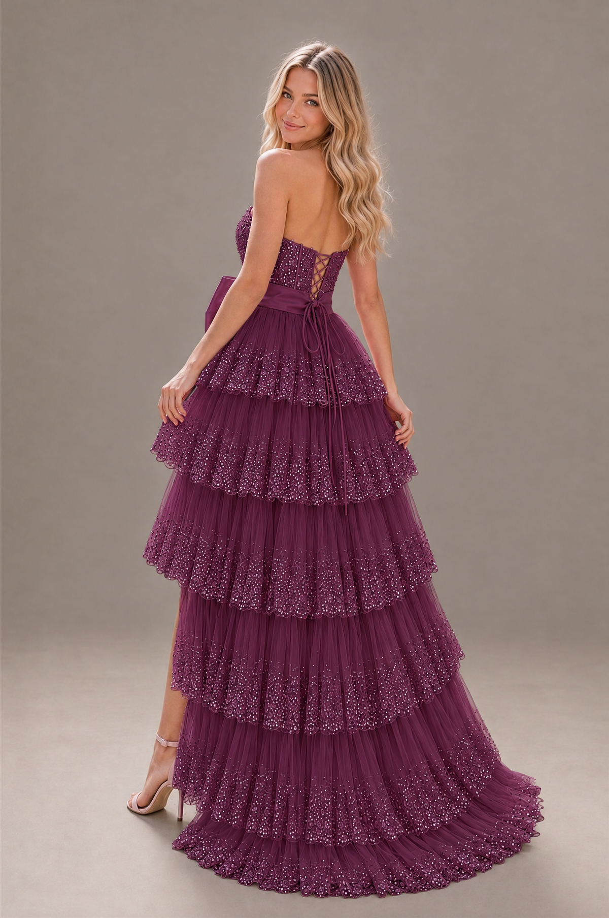 BOLODOO Plum Strapless Tiered Tulle Prom Dress with Bow - Plum - Plum_2