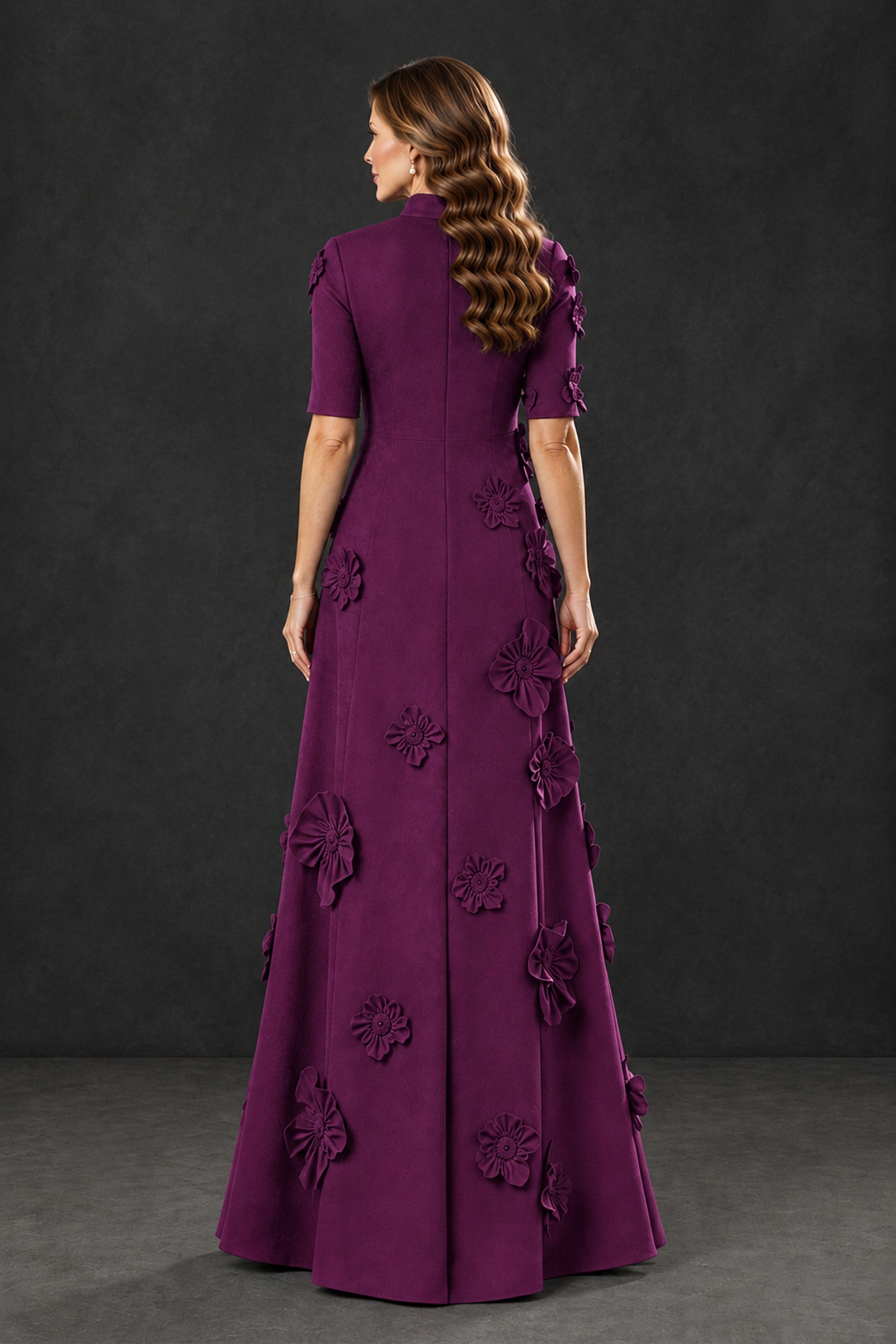 BOLODOO Plum Floral Applique High-Neck Half-Sleeve Gown - Plum - Plum_2