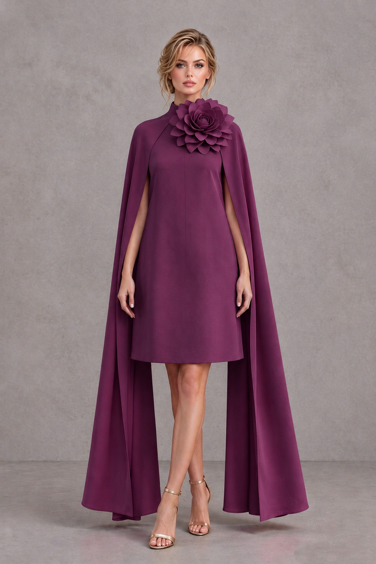 BOLODOO Plum High Neck Floral Cape Mini Cocktail Dress - Plum - Plum_2