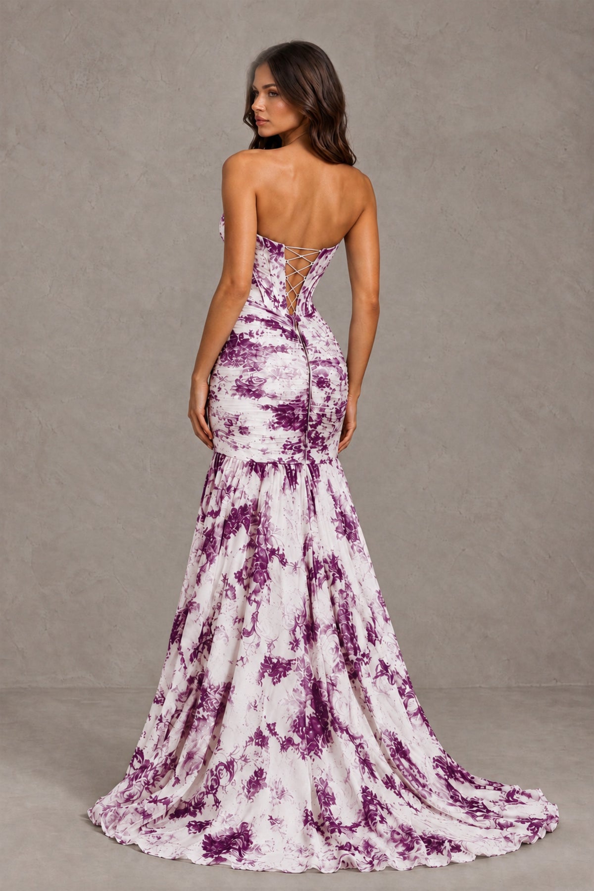 BOLODOO Plum Floral Strapless Corset Mermaid Gown with High Slit - Plum - Plum_2