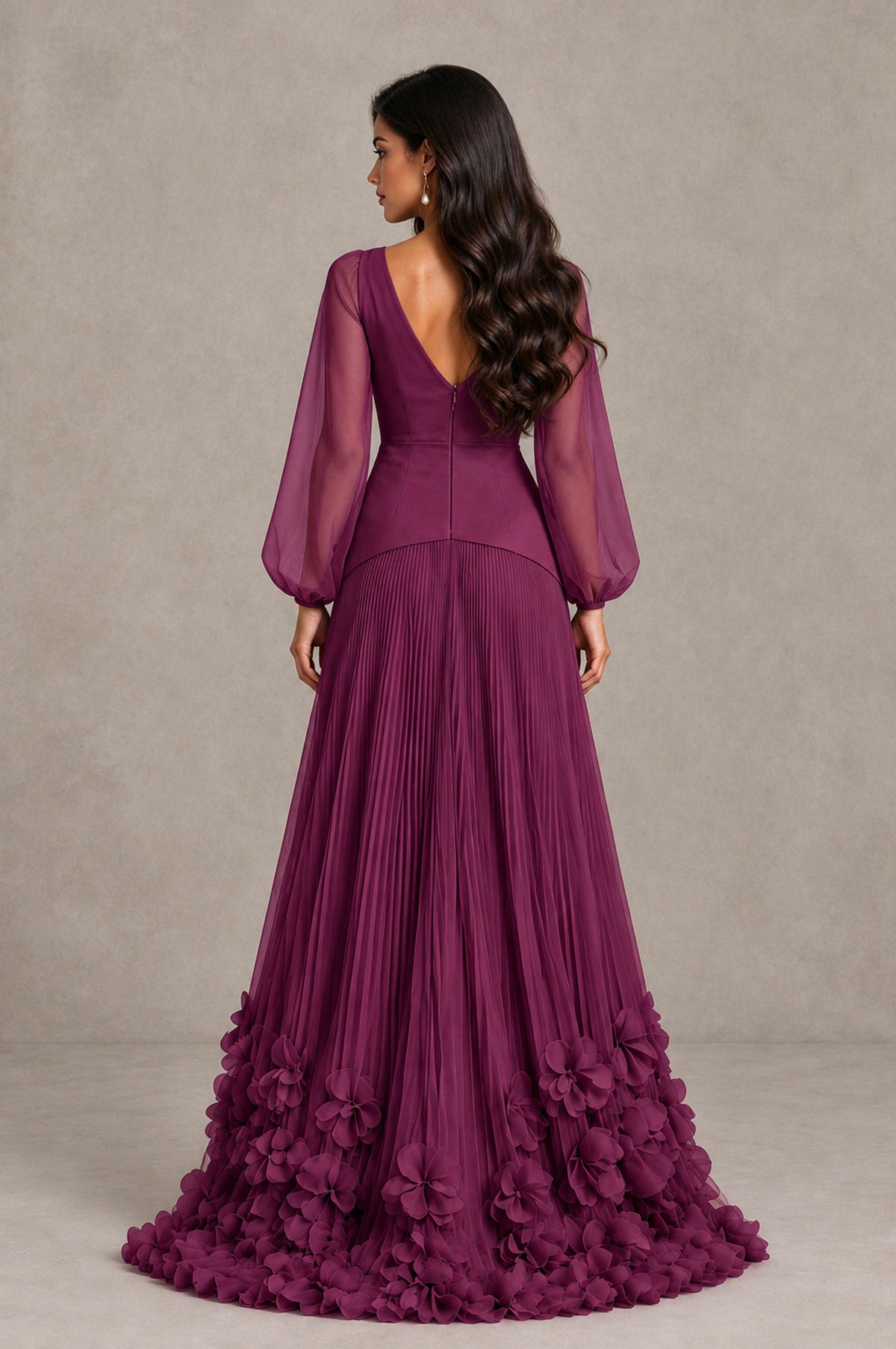 BOLODOO Plum V-Neck Long Sleeve Pleated Floral Hem Evening Dress - Plum - Plum_2