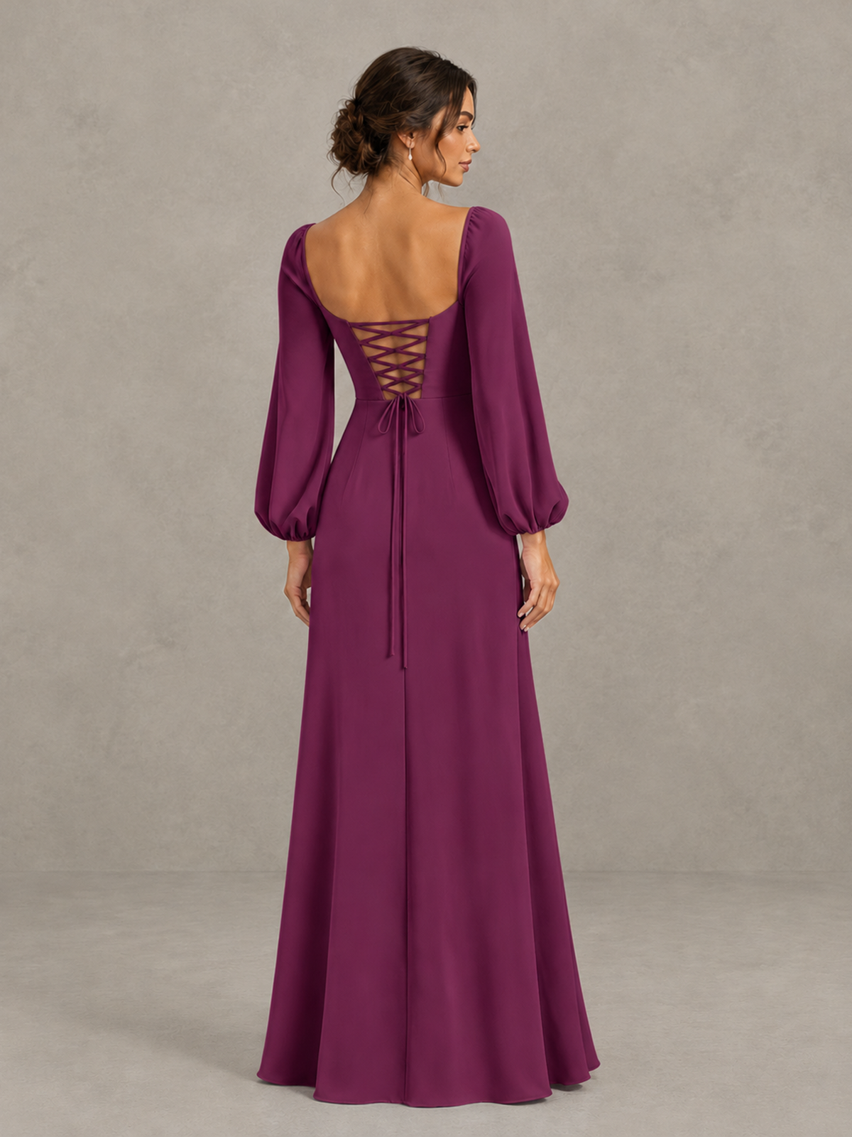 BOLODOO Plum Square Neck Long Sleeve Bridesmaid Dress with High Slit - Plum - Plum_2