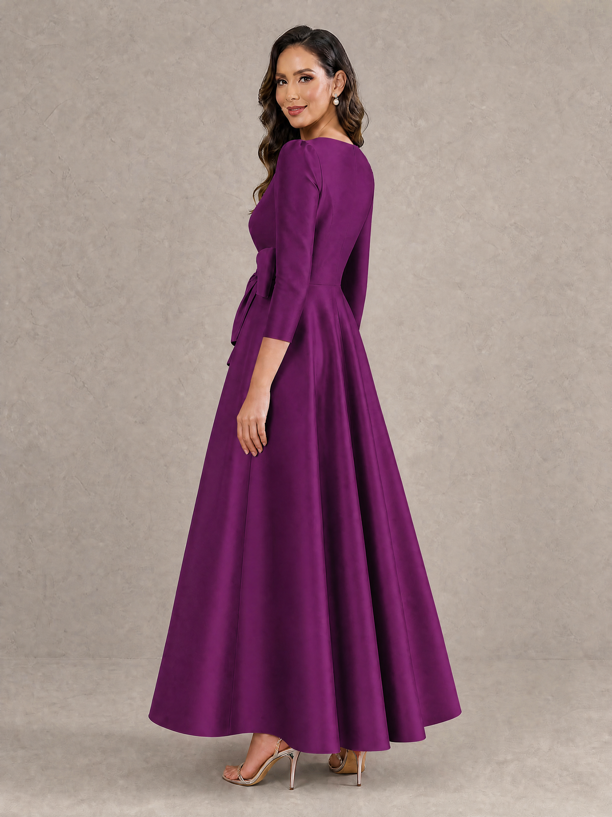 BOLODOO Plum Satin Deep V-Neck Wrap 3/4 Puff Sleeve A-Line Ball Gown Maxi Dress with Oversized Bow Belt - Plum