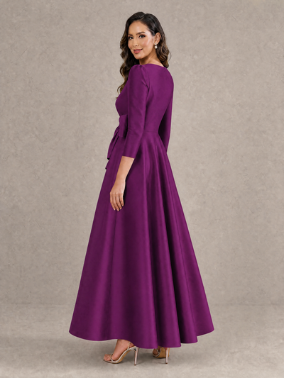 BOLODOO Plum Satin Deep V-Neck Wrap 3/4 Puff Sleeve A-Line Ball Gown Maxi Dress with Oversized Bow Belt - Plum